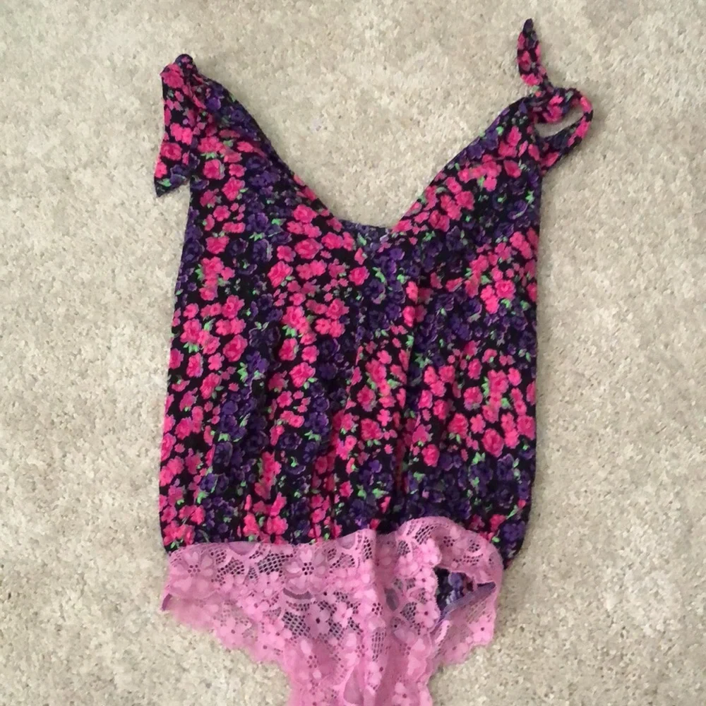 Free People Bare It All Bodysuit Floral Boho Purple Pink Party Blouse XS